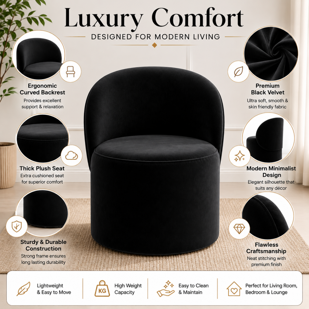 Wooden Twist Luxe Round Velvet Accent Chair