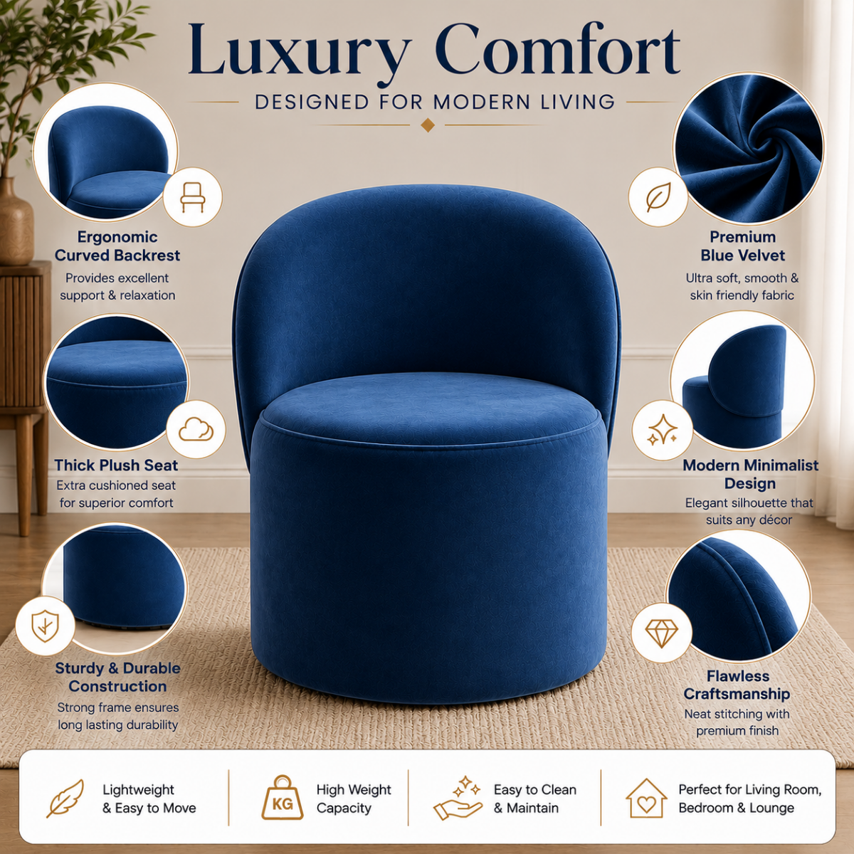 Wooden Twist Luxe Round Velvet Accent Chair