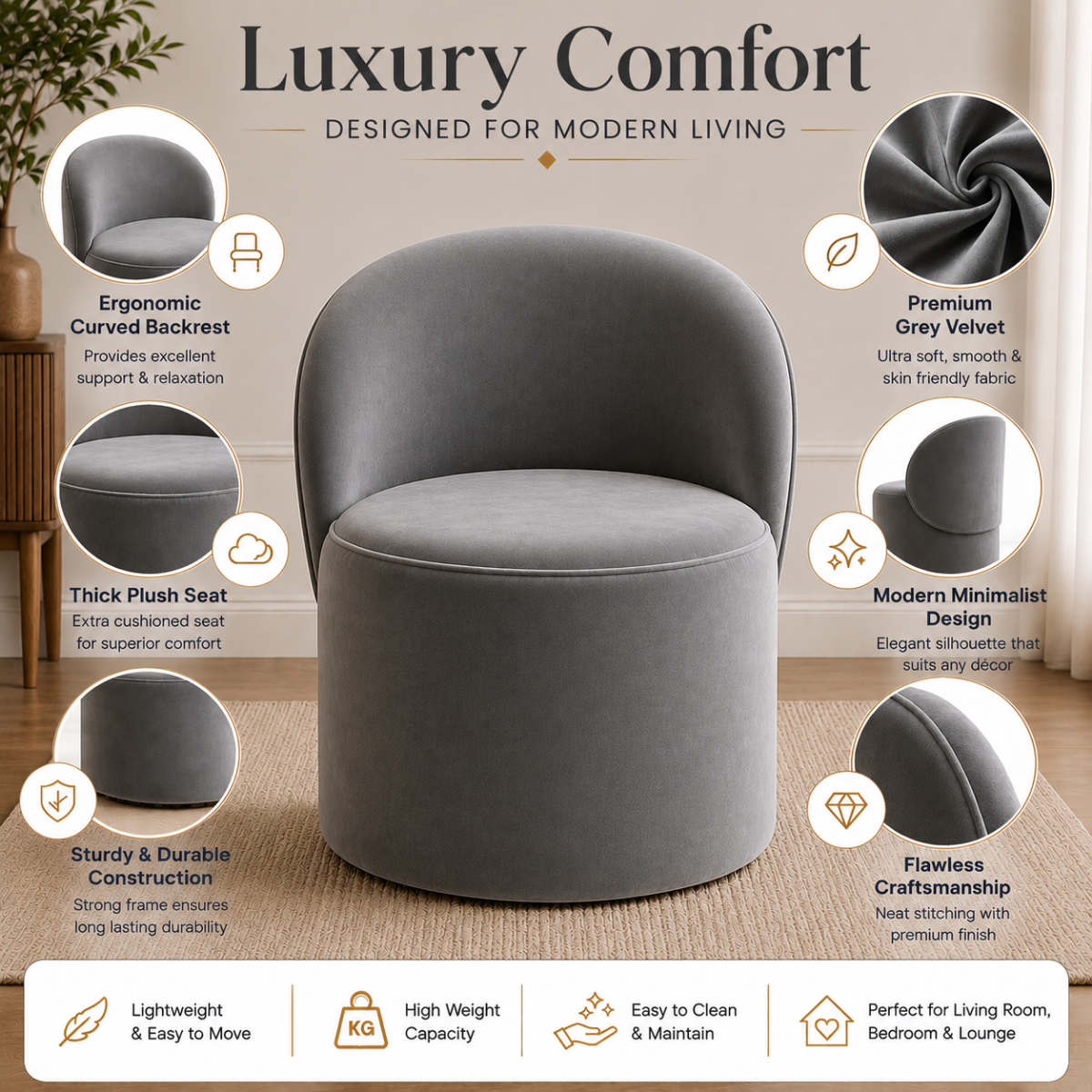 Wooden Twist Luxe Round Velvet Accent Chair