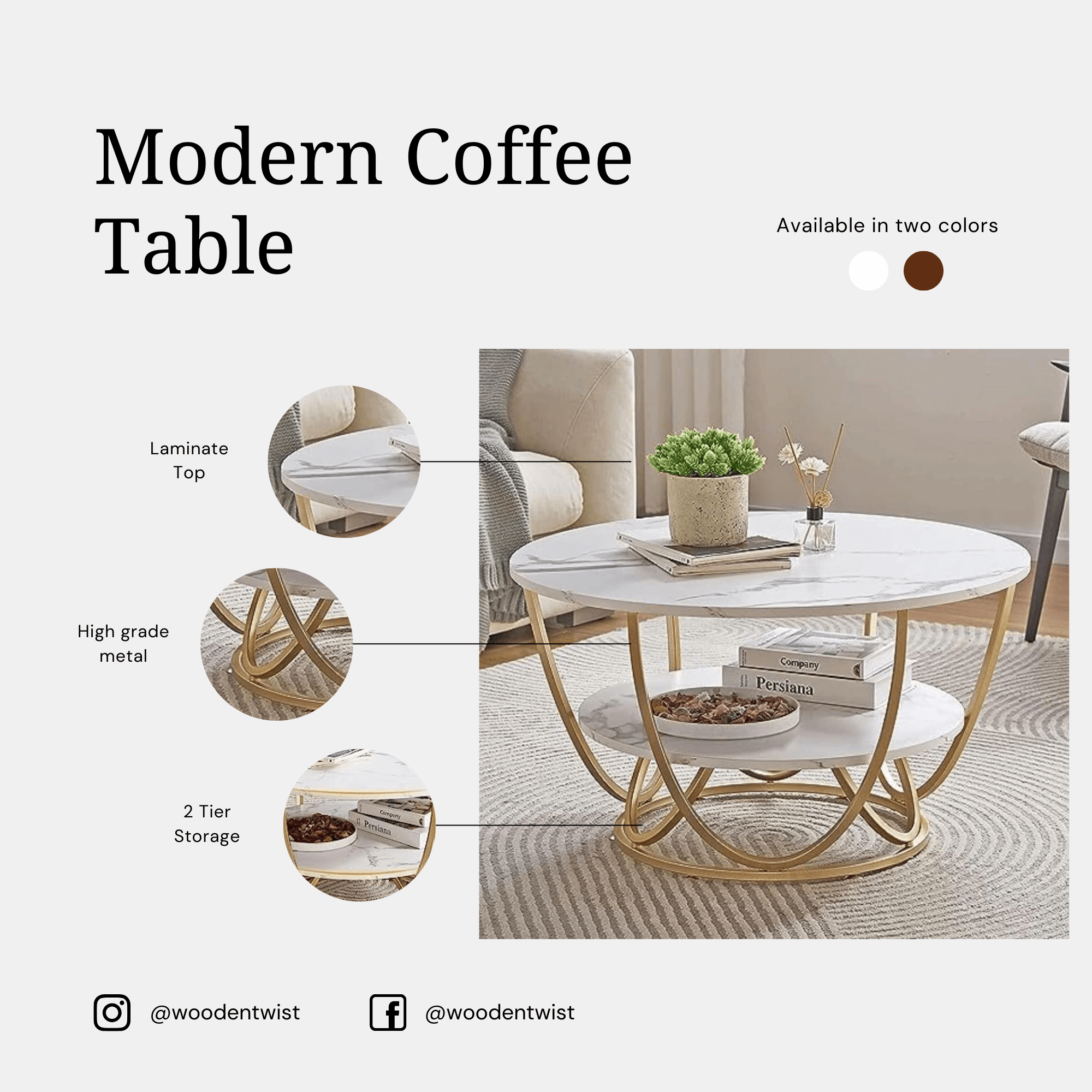 Wooden Twist Round Coffee Table with Marble Top Like Finish Stylish 2-Tier Design - WoodenTwist