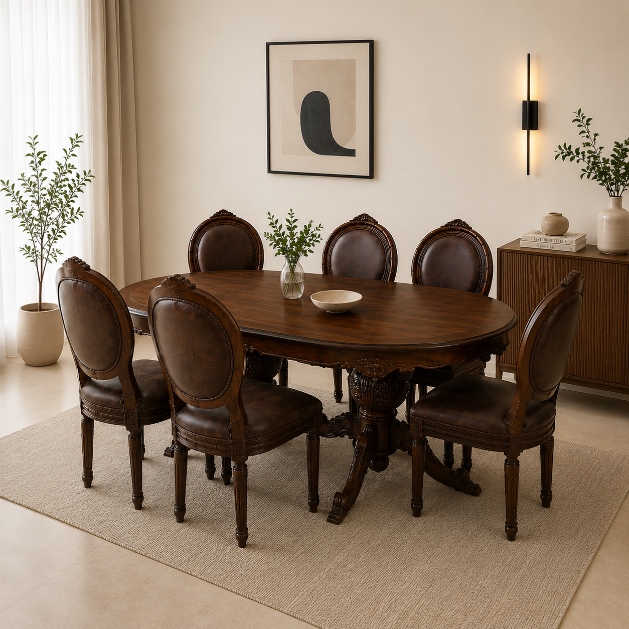 Wooden Twist Royal Look Hand Carved Sheesham Wood 6 Seater Dining Table Set