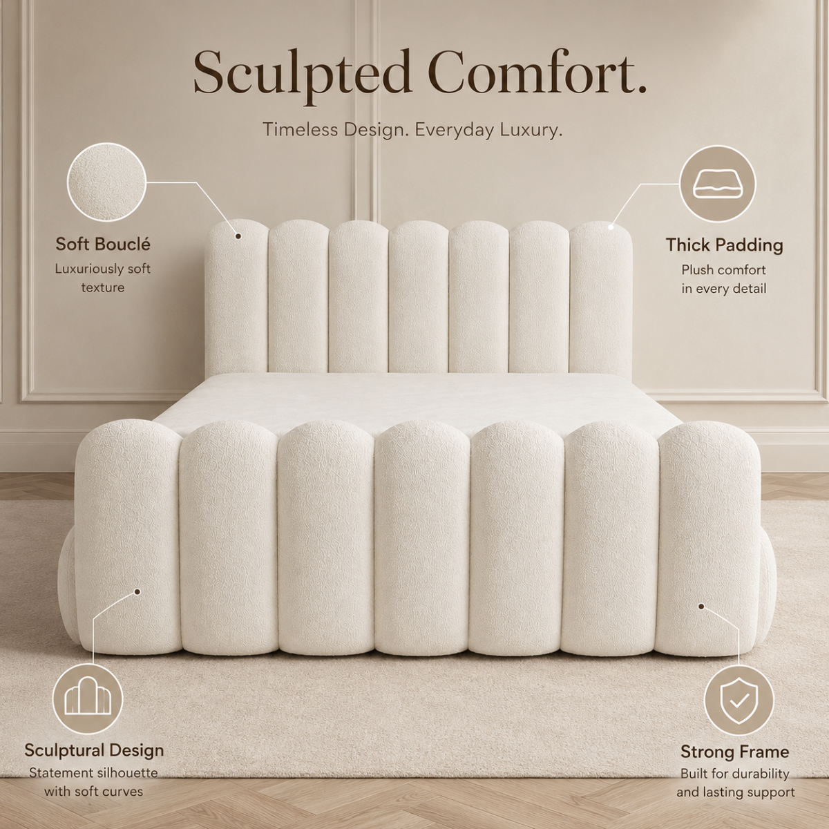 Wooden Twist Sculpted Comfort Luxury Bouclé Upholstered Bed with Padded Headboard & Footboard – Modern Designer Bed Frame for Bedroom