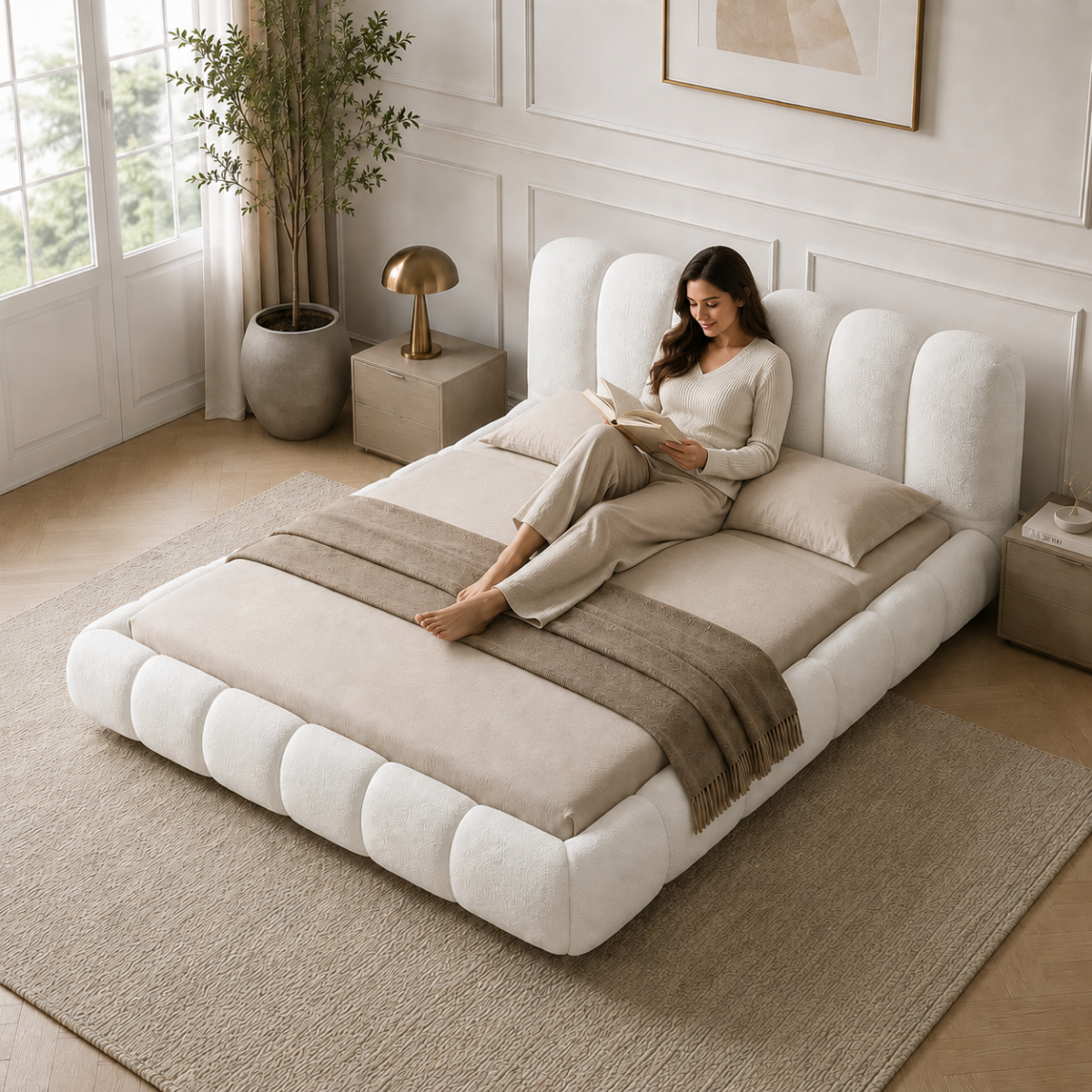 Wooden Twist Tactic Modernize Boucle Upholstery Bed for Luxury Bedroom Contemporary, Stylish, and Elegant