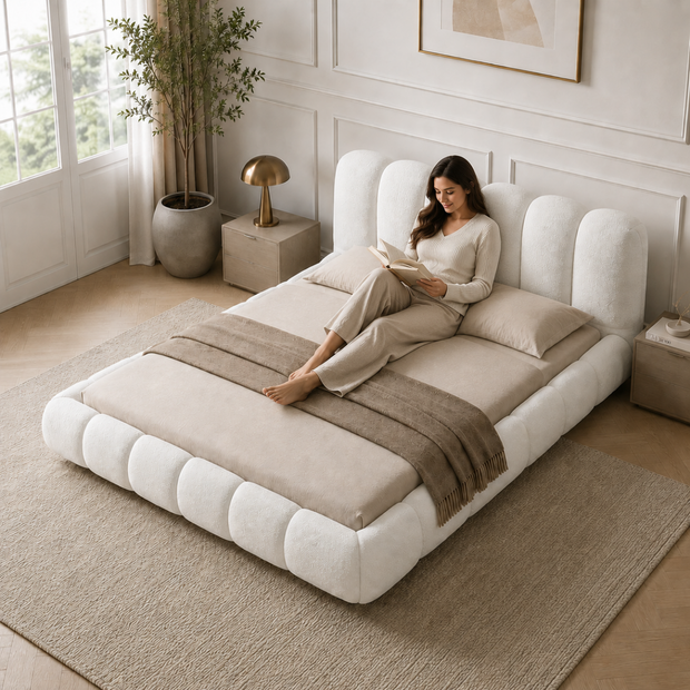 Wooden Twist Tactic Modernize Boucle Upholstery Bed for Luxury Bedroom Contemporary, Stylish, and Elegant