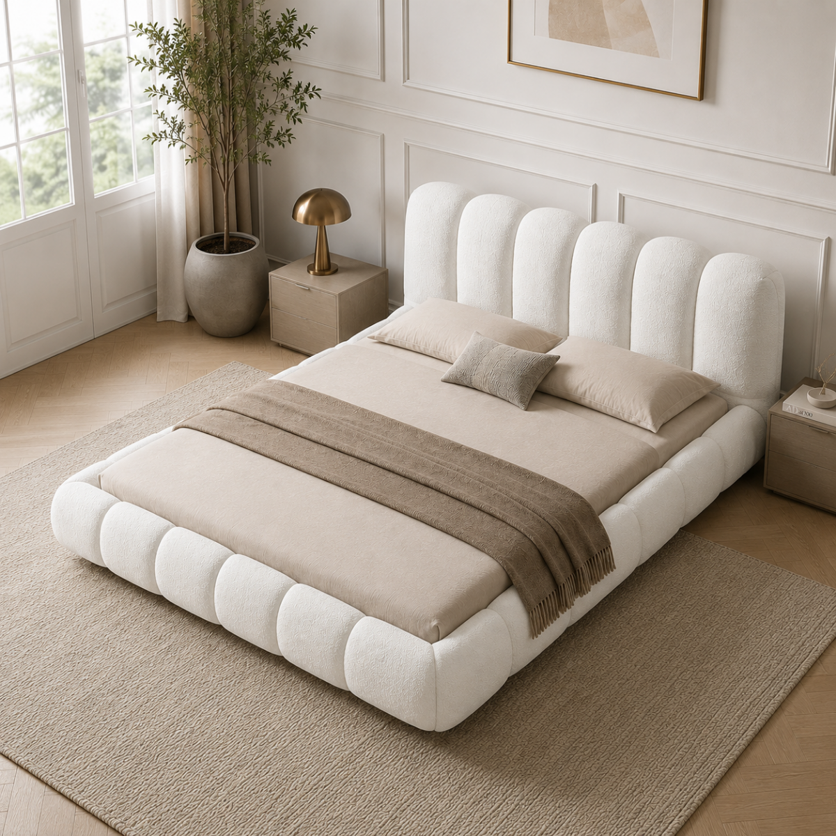 Wooden Twist Tactic Modernize Boucle Upholstery Bed for Luxury Bedroom Contemporary, Stylish, and Elegant