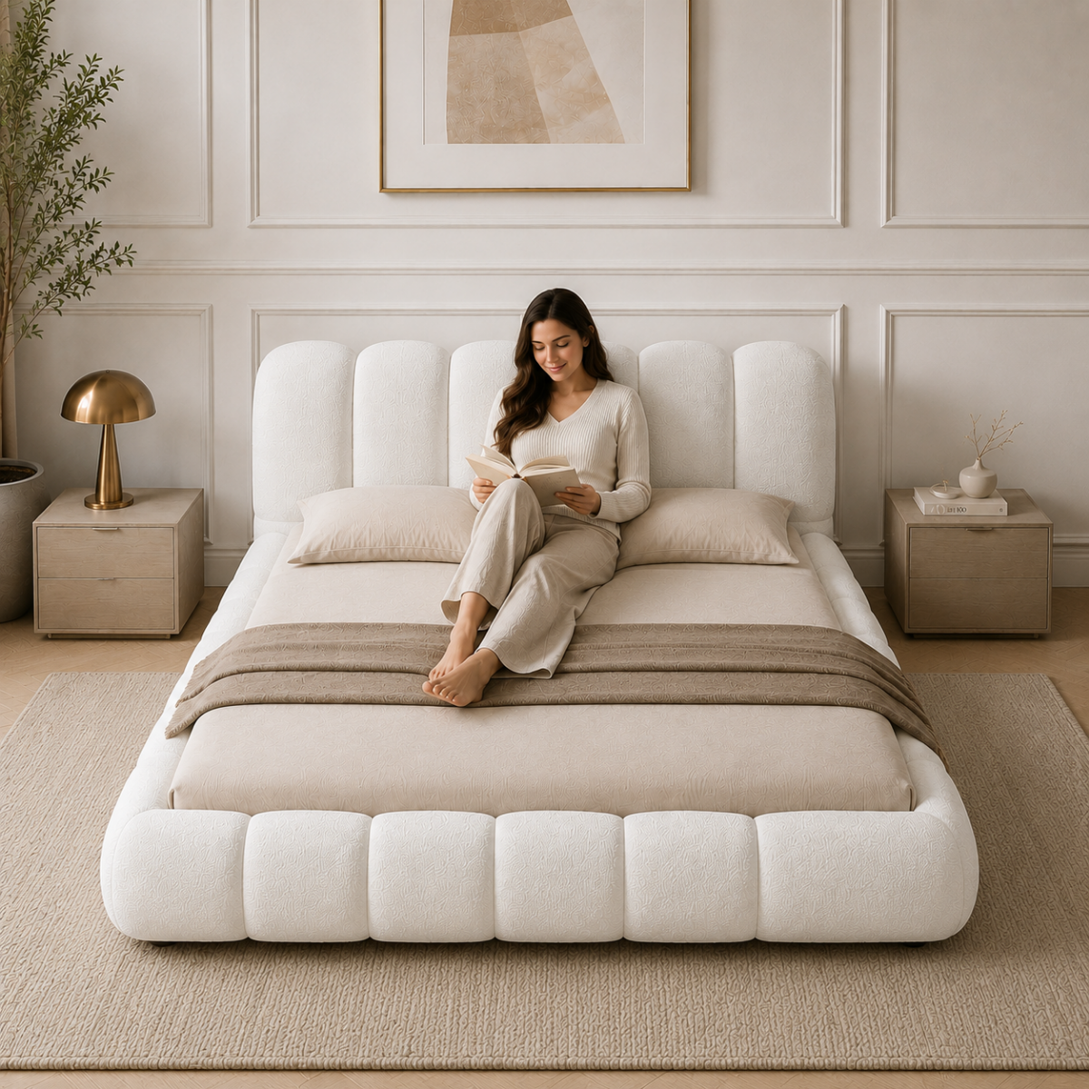 Wooden Twist Tactic Modernize Boucle Upholstery Bed for Luxury Bedroom Contemporary, Stylish, and Elegant