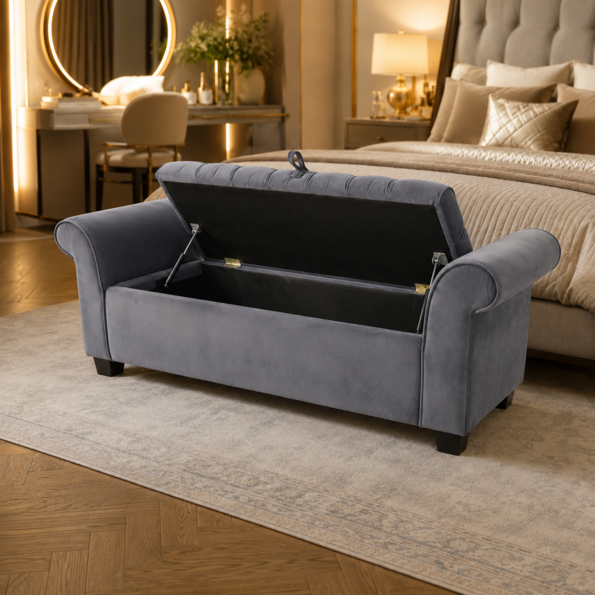 Wooden Twist Zamansız Button Tufted Design Premium Wood 2 Seater Storage Bench (Light Grey) - WoodenTwist