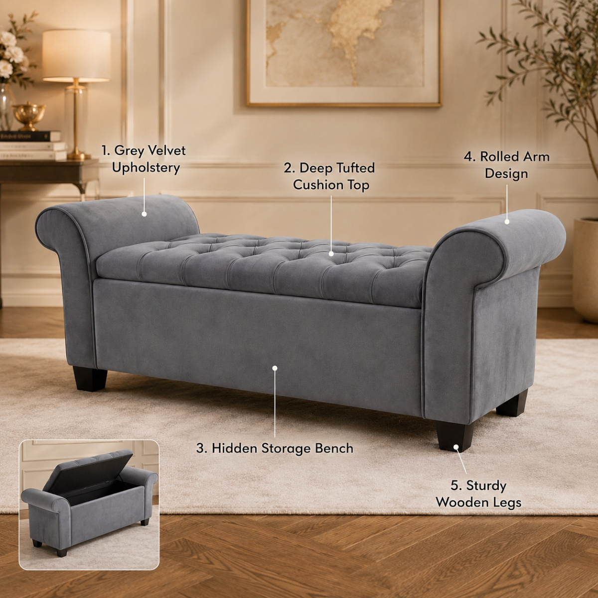 Wooden Twist Zamansız Button Tufted Design Premium Wood 2 Seater Storage Bench (Light Grey) - WoodenTwist