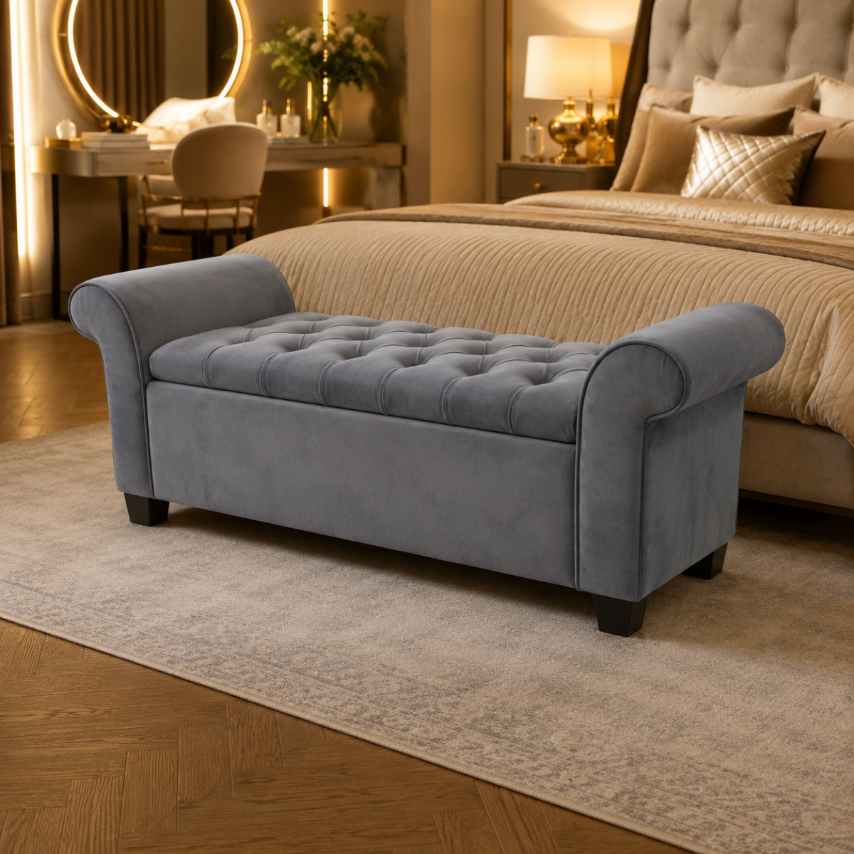 Wooden Twist Zamansız Button Tufted Design Premium Wood 2 Seater Storage Bench (Light Grey) - WoodenTwist