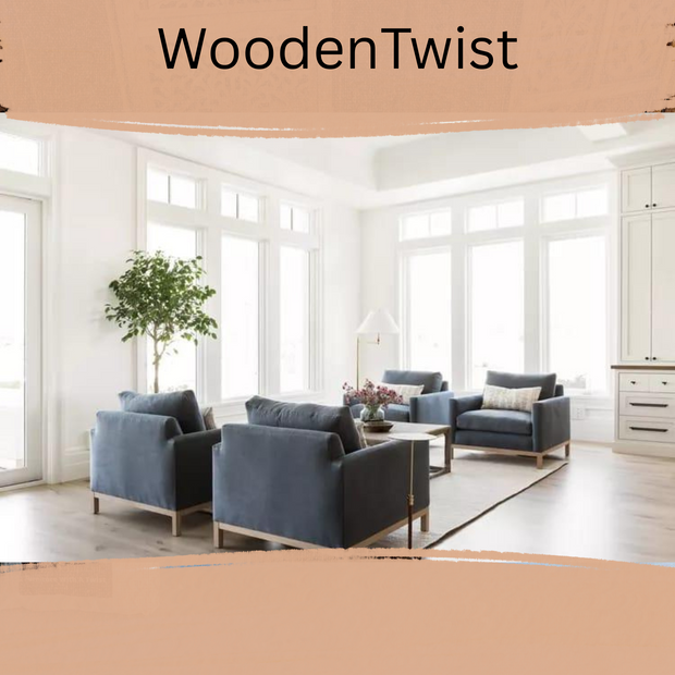 Wooden Twist Barrington Teak Wood Modern 4 Seater Sofa Set with Table ( Light Blue ) - WoodenTwist