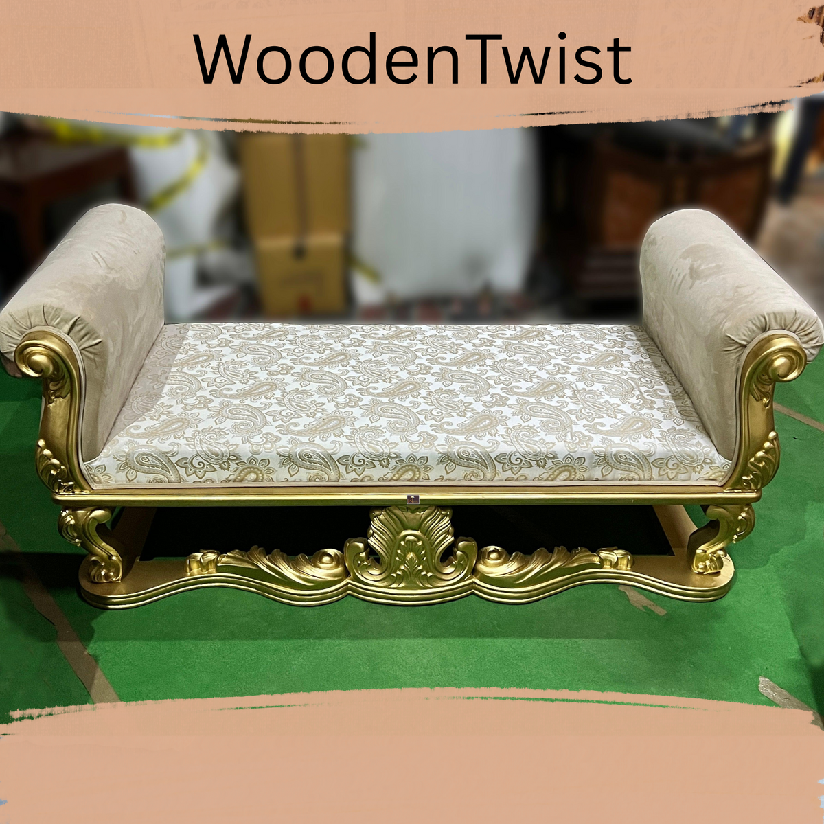 लकड़ी का ट्विस्ट रॉयल हैंड क्रेव्ड टीक वुड सोफा काउच बेंच (गोल्डन)