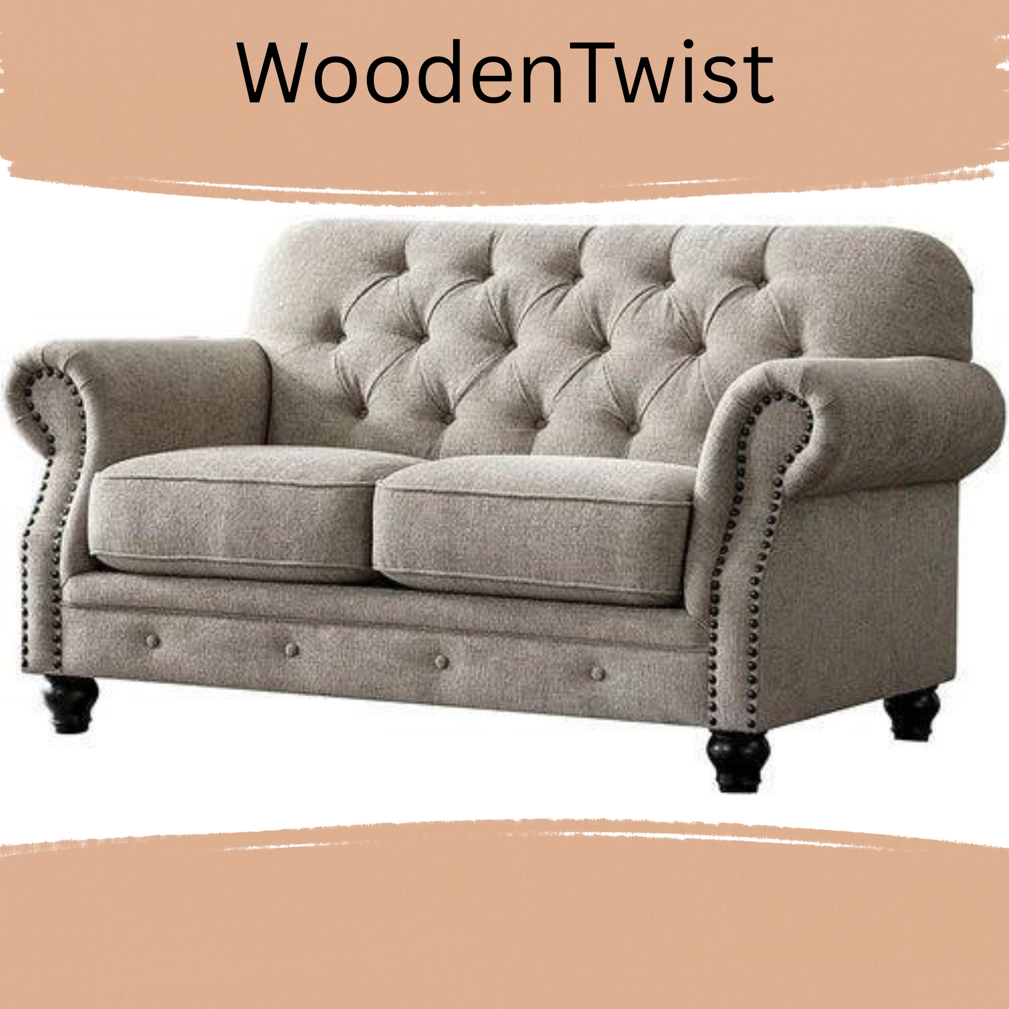 Luxury Chesterfield Chenille Diamond Tufted Loveseat 2 Seater Sofa (Walnut Legs) - WoodenTwist