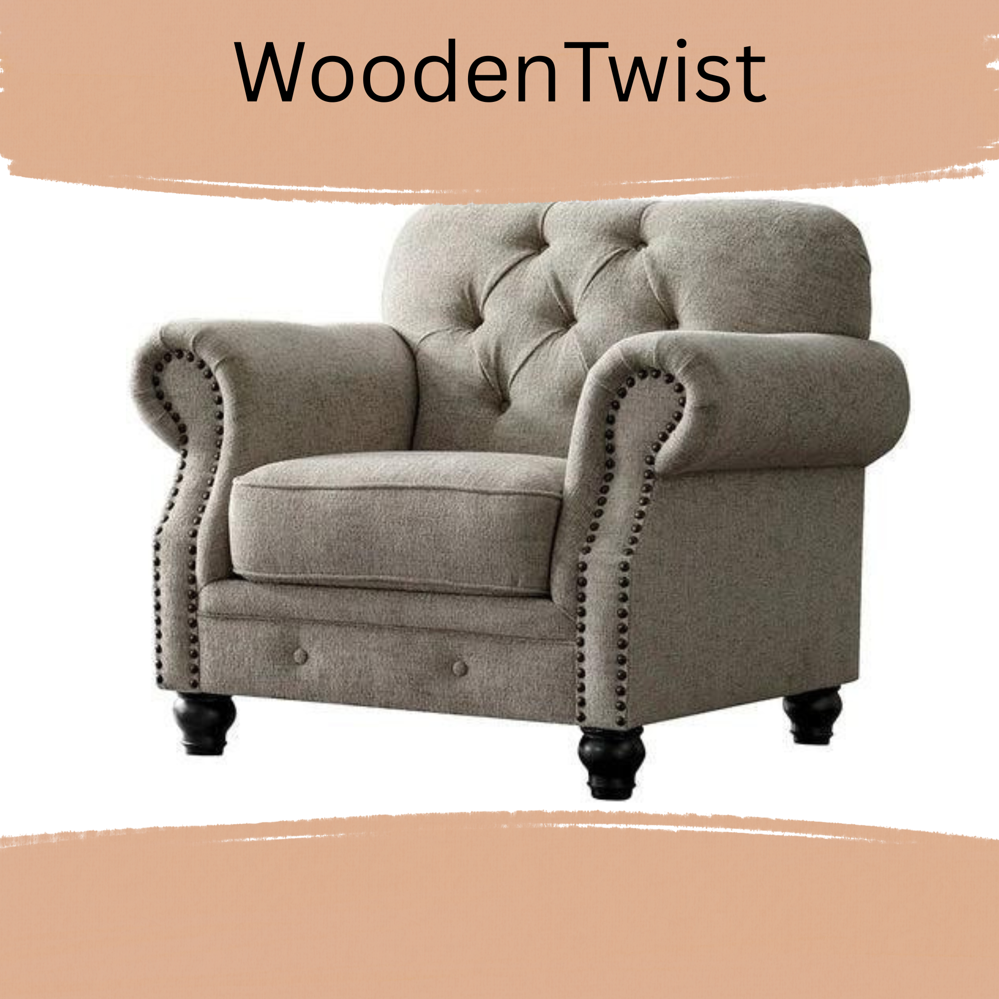 Luxury Chesterfield Chenille Diamond Tufted Armchair Sofa (Grey Color Walnut Legs) - WoodenTwist
