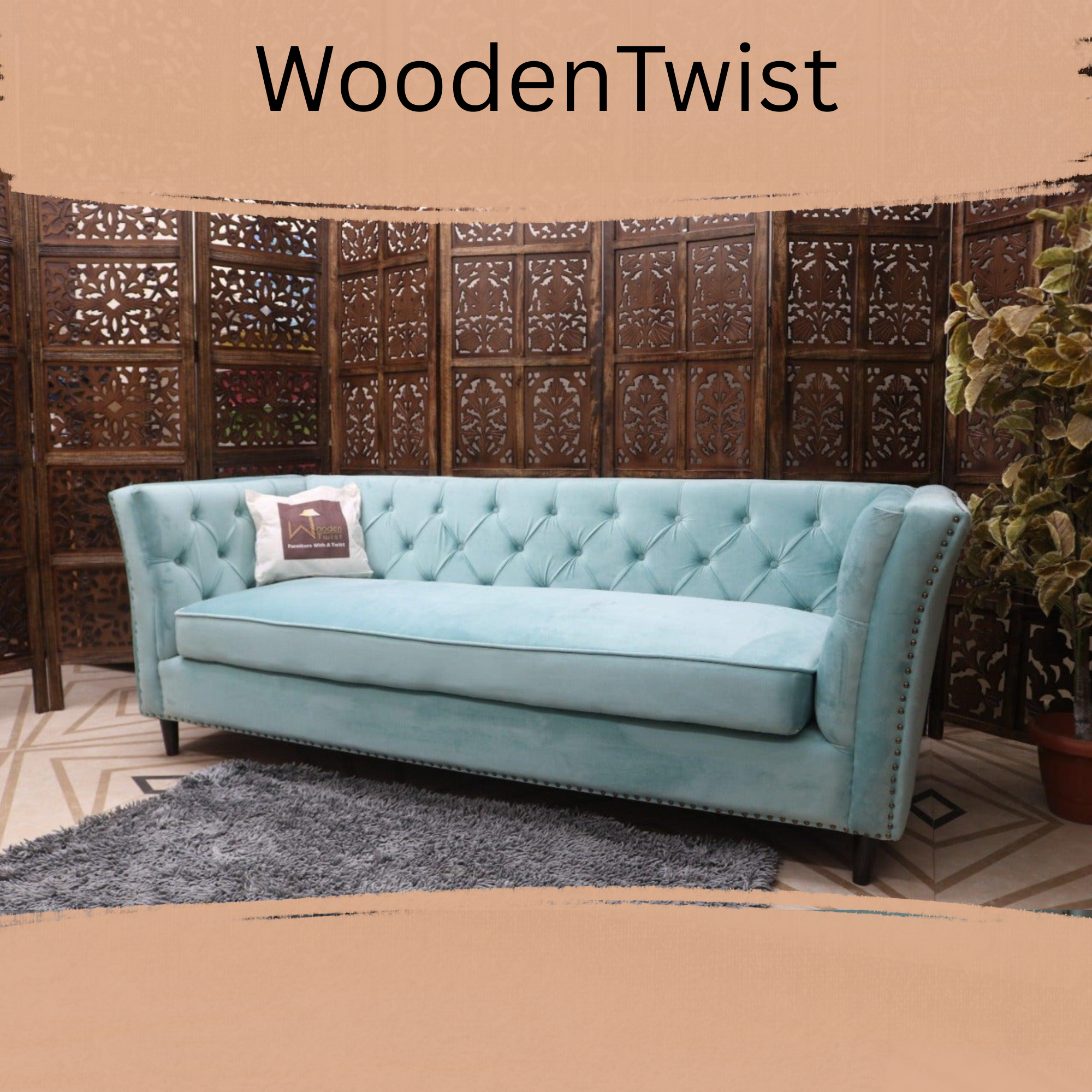 Designer Velvet Rolled Arm Chesterfield Sofa (3 Seater Sky Blue) - WoodenTwist
