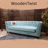 Designer Velvet Rolled Arm Chesterfield Sofa (3 Seater Sky Blue) - WoodenTwist