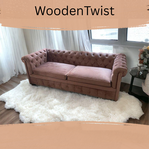 Traditional Wooden 3 Seater Couch for Home & Office Chaise Lounge Settee (Pink) - WoodenTwist
