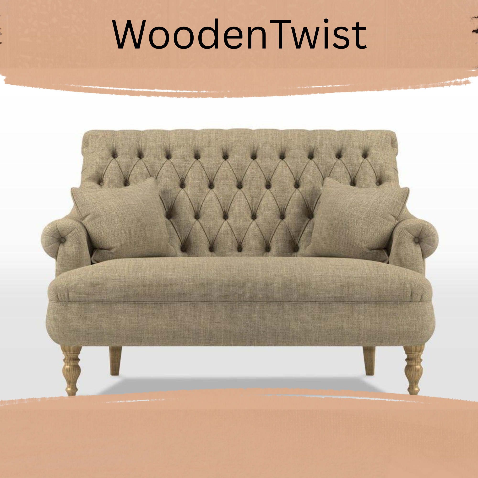 Compact 2 Seater Jute Fabric Sofa with Teak Finish Wooden Legs