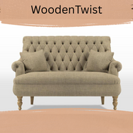 Compact 2 Seater Jute Fabric Sofa with Teak Finish Wooden Legs