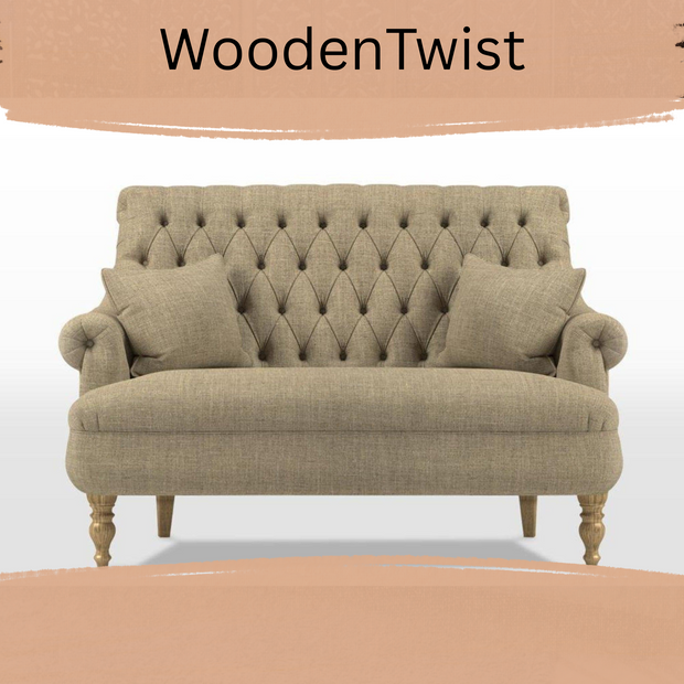 Compact 2 Seater Jute Fabric Sofa with Teak Finish Wooden Legs