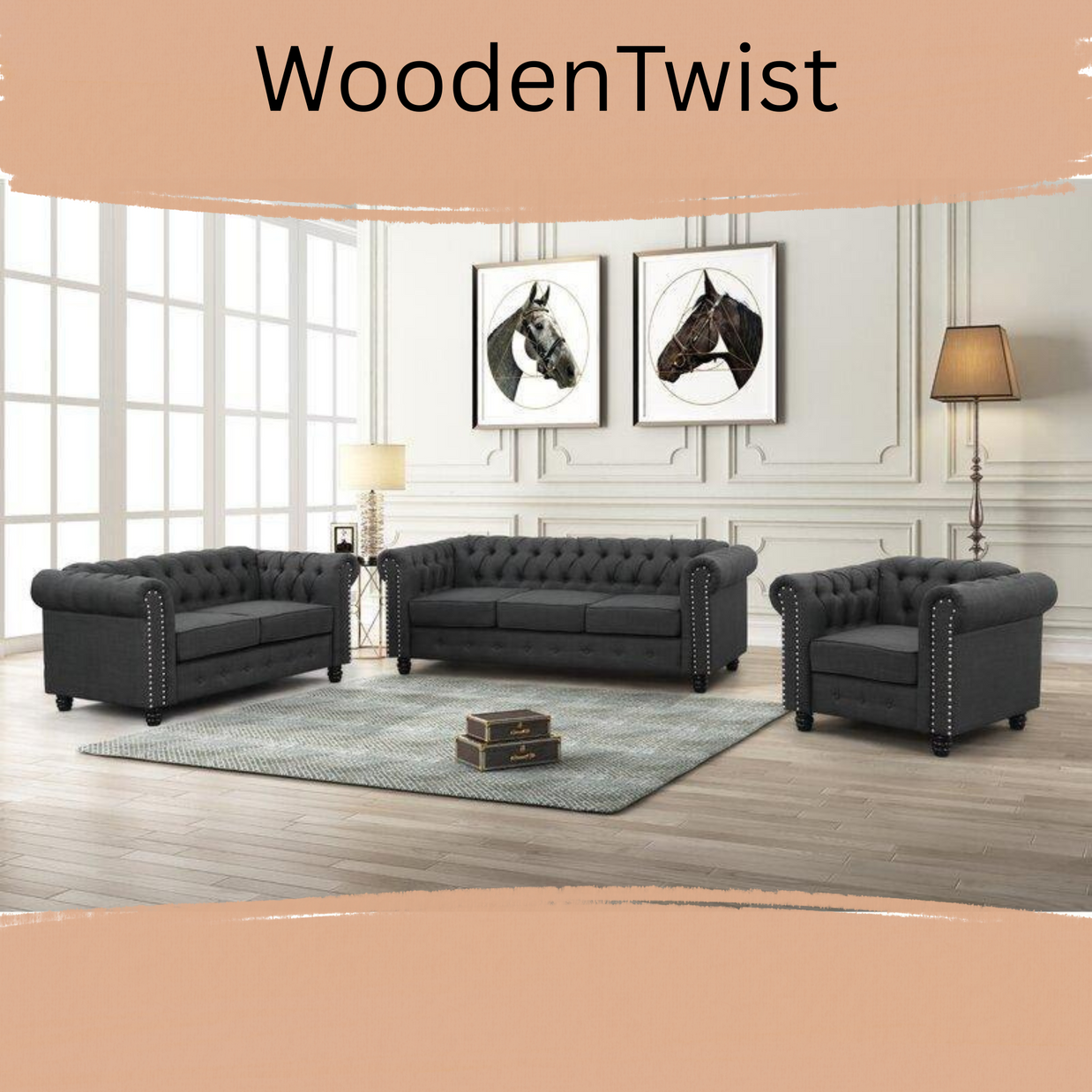 Chesterfield Destro Premium Living Room Sofa Set - WoodenTwist