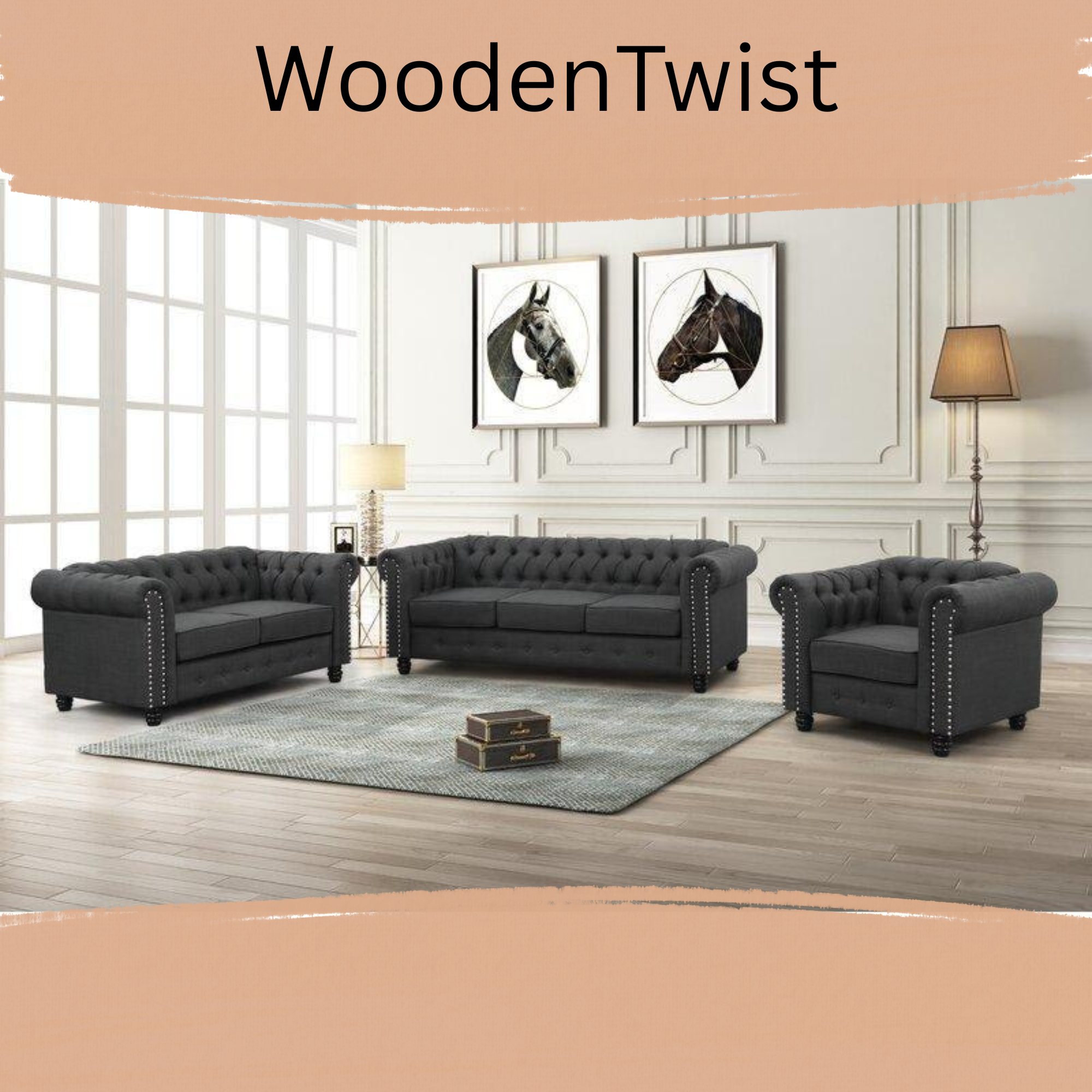 Chesterfield Destro Premium Living Room Sofa Set - WoodenTwist