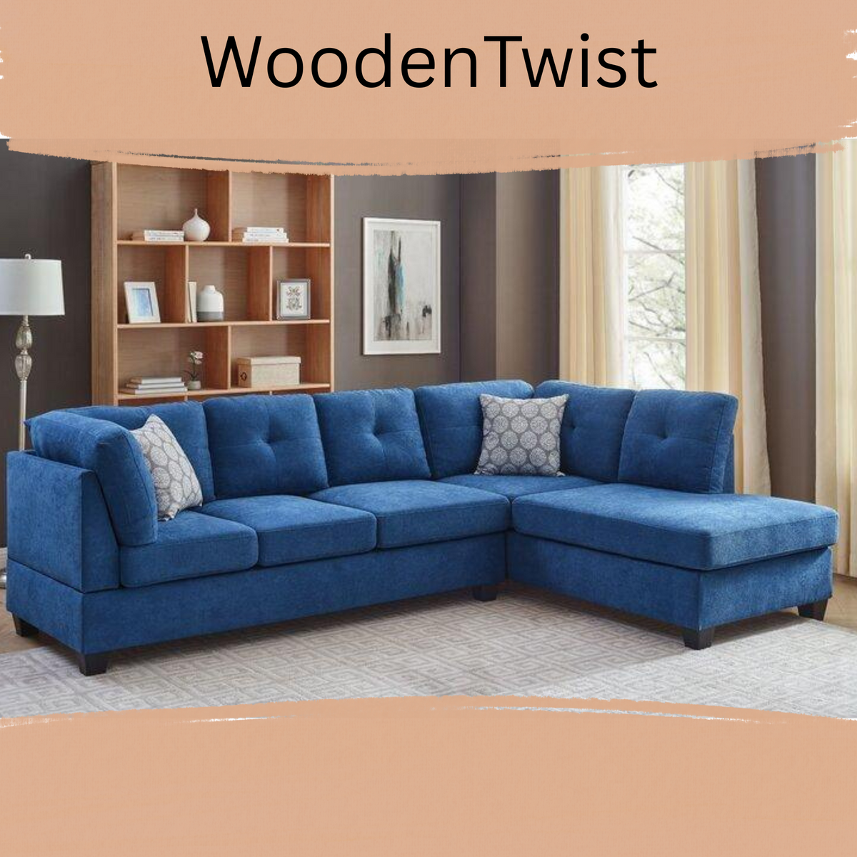 Wooden Twist Valeur Solid Wood Right Hand Facing Sparkle Fabric 5 Seater Corner L-Shaped Sectional Sofa Modern Living Room