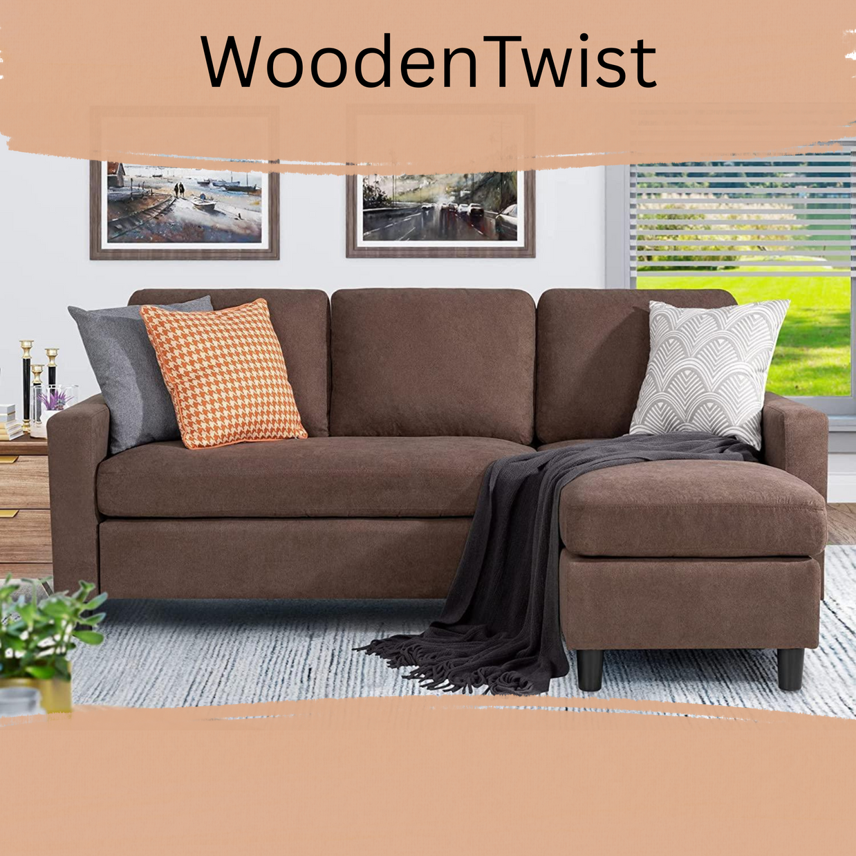 Wooden Twist Cosy L-Shaped Sectional 3 Seater Sofa Set With Ottoman Elegant Living Room Furniture for Comfort and Style - Woo
