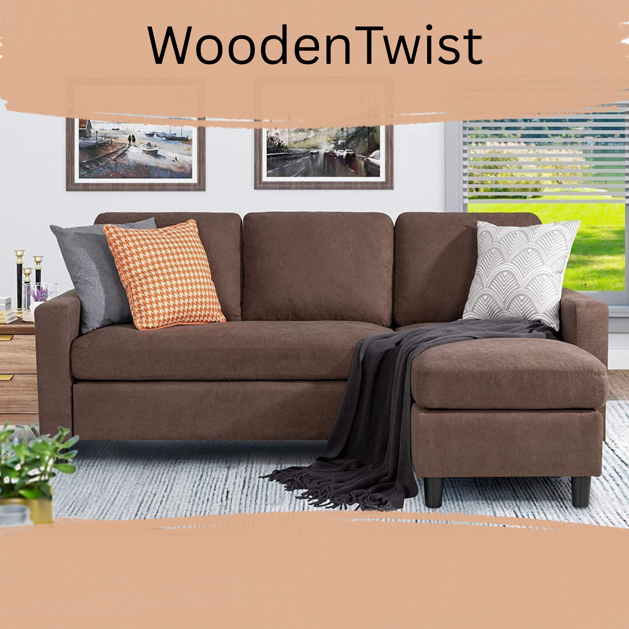 Wooden Twist Cosy L-Shaped Sectional 3 Seater Sofa Set With Ottoman Elegant Living Room Furniture for Comfort and Style - Woo