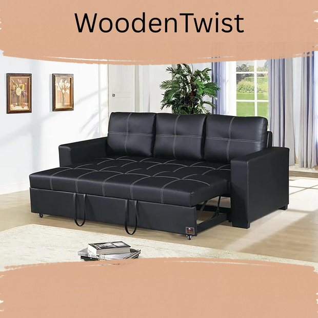 Modern Handmade Leatherette Sofa Cum Bed (Black) - WoodenTwist