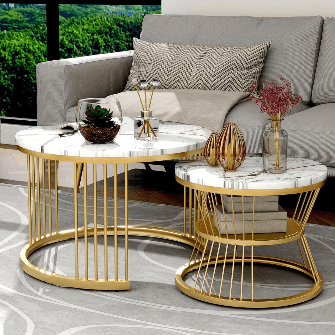 Wooden Twist Stylish Look Round Wrought Iron Coffee Table Set of 2 - WoodenTwist