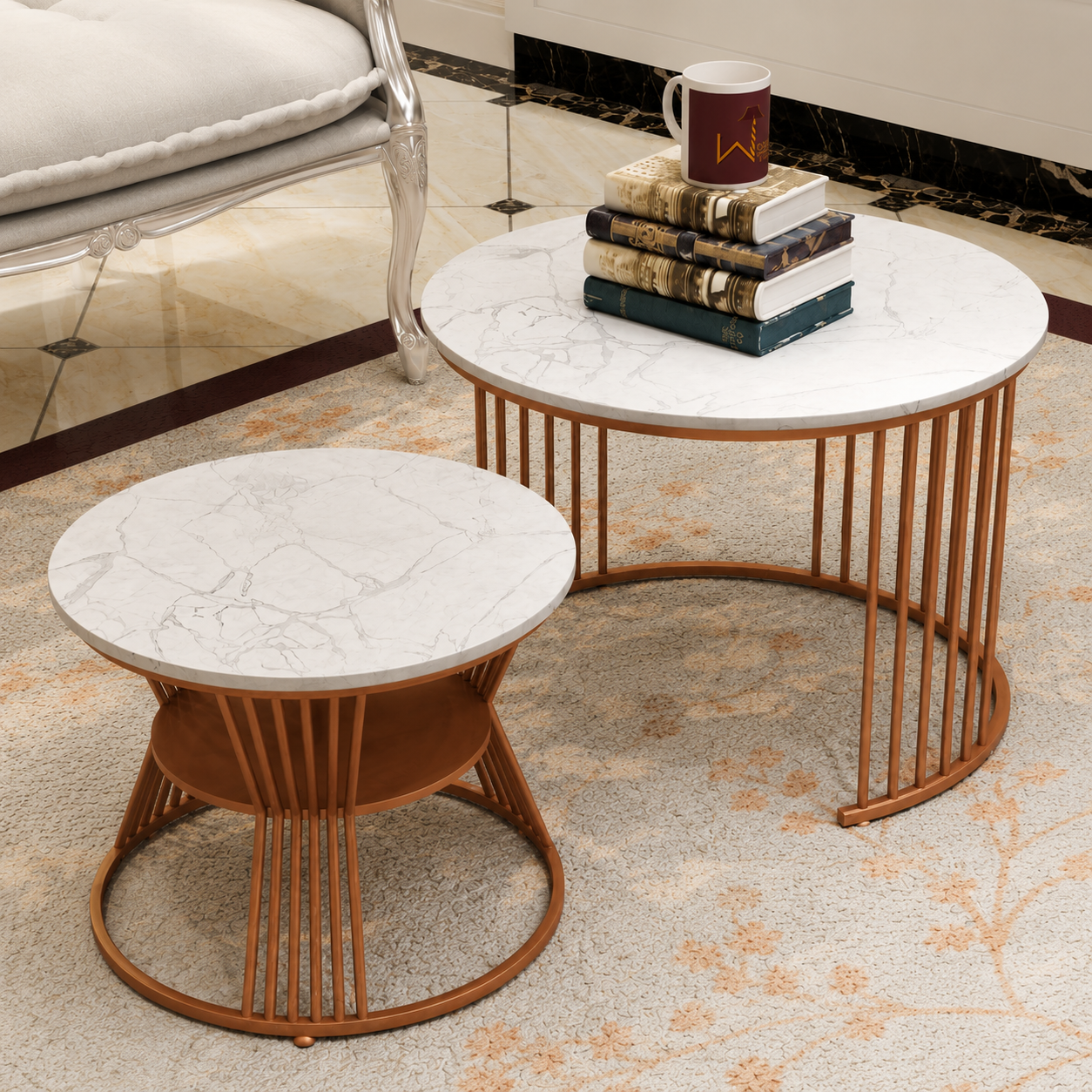 Wooden Twist Stylish Look Round Wrought Iron Coffee Table Set of 2