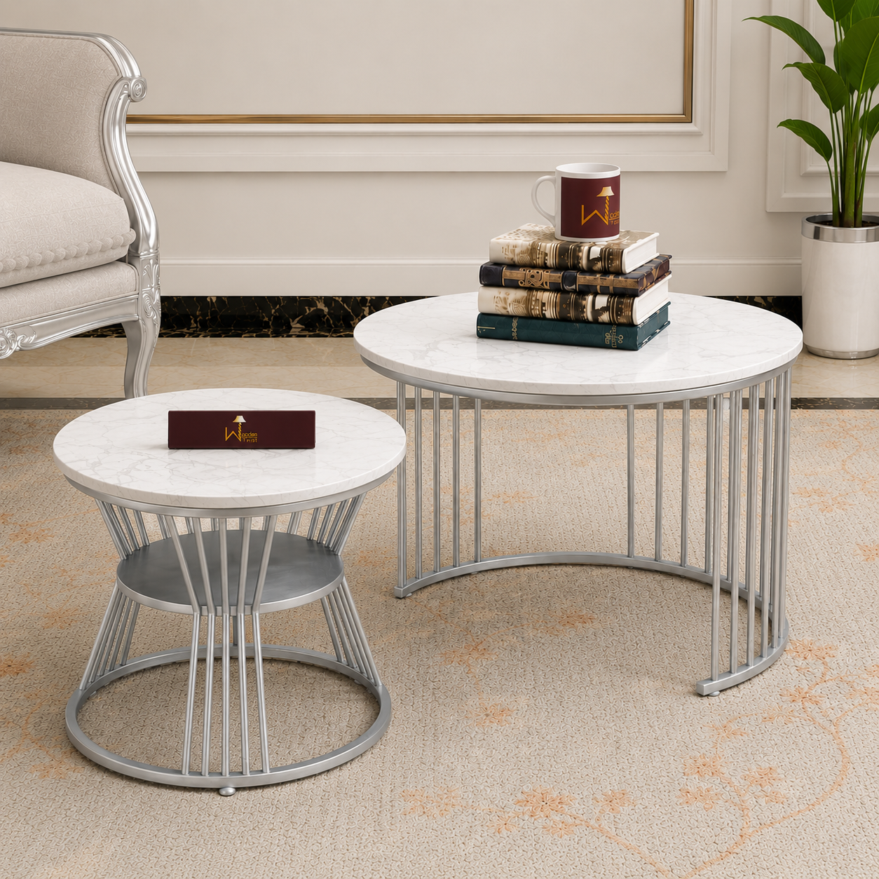 Wooden Twist Stylish Look Round Wrought Iron Coffee Table Set of 2