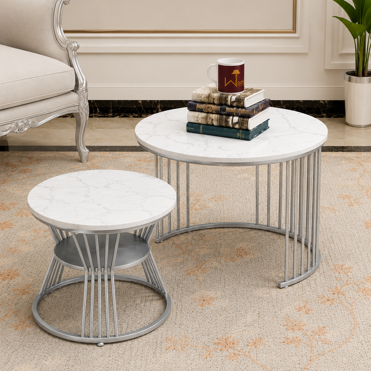 Wooden Twist Stylish Look Round Wrought Iron Coffee Table Set of 2