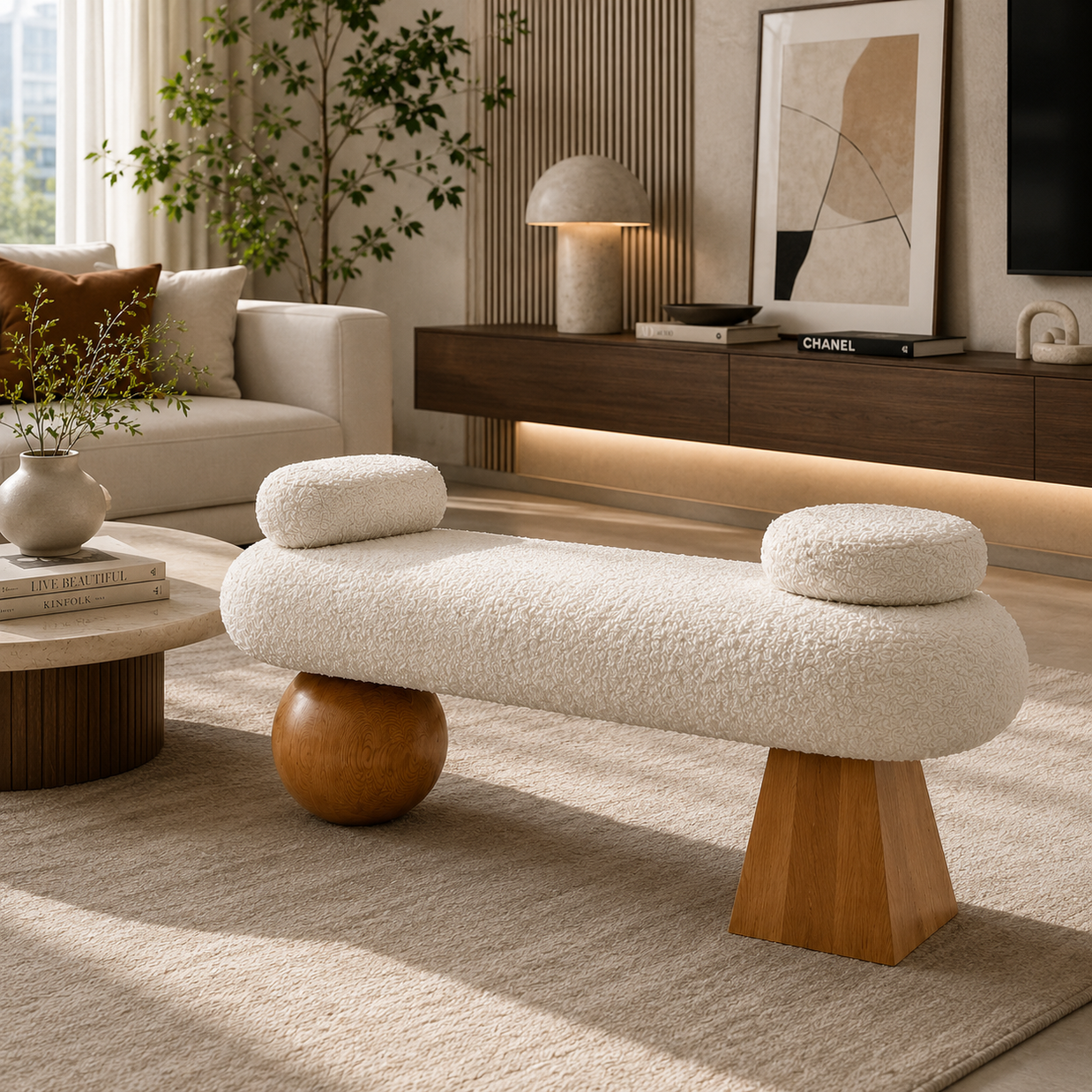 Modern Boucle Upholstered Bench