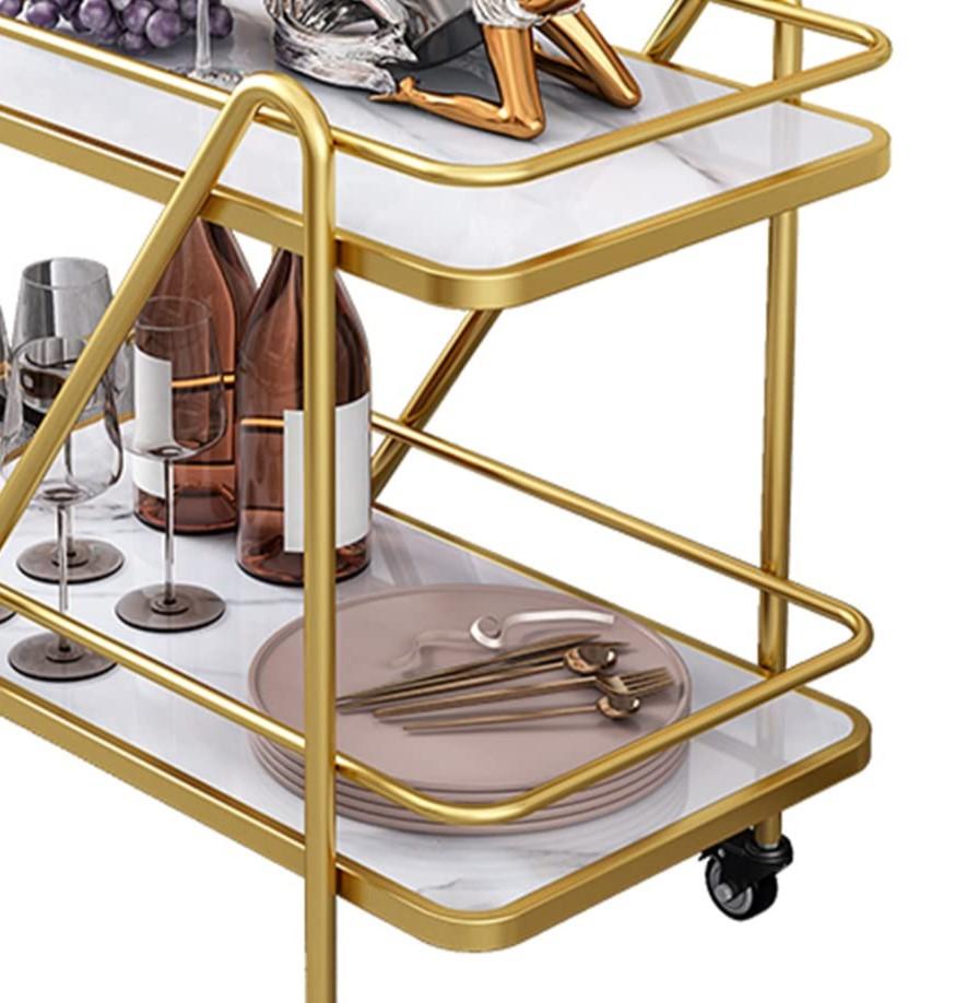 2 Tier Metallic Marble Elegance Rolling Bar Cart - Stylish and Functional Serving Cart with Wheels - WoodenTwist