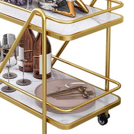2 Tier Metallic Marble Elegance Rolling Bar Cart - Stylish and Functional Serving Cart with Wheels - WoodenTwist