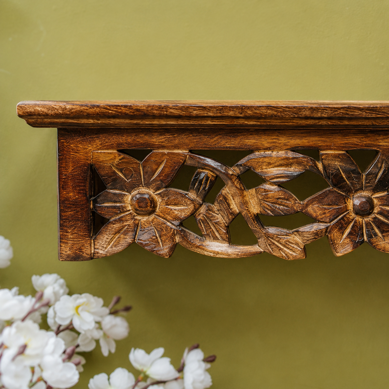 Hand Carved Wooden Wall Shelf with Jali Work for Living Room