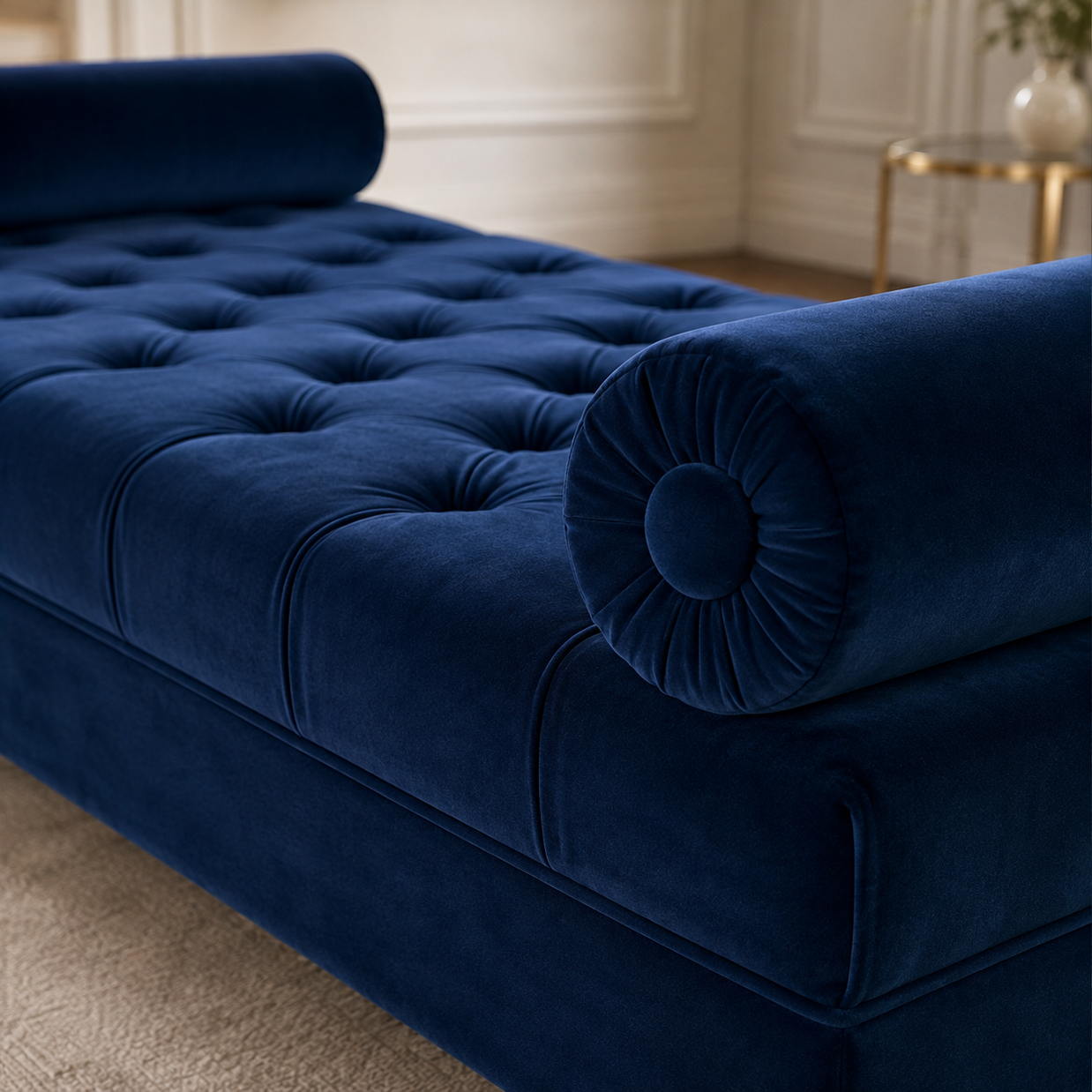 Bolstered Three Seater Diwan Lounge Sofa for Living Room (Blue Velvet)