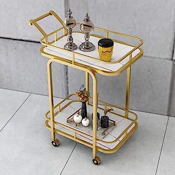 Modern Golden Iron Rectangle Trolley with White Marble Top - Front View