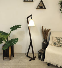 Zed Wooden Floor Lamp with Brown Base and Beige Fabric Lampshade - WoodenTwist