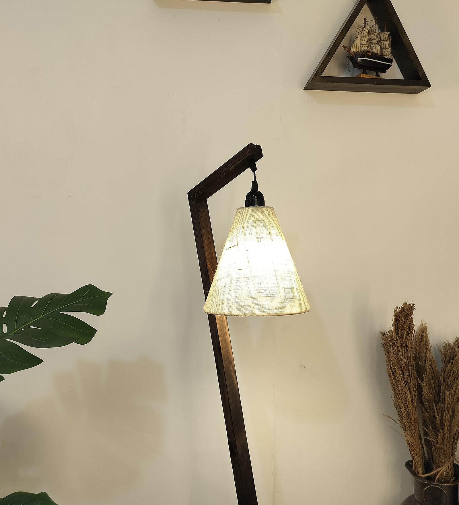 Zed Wooden Floor Lamp with Brown Base and Beige Fabric Lampshade - WoodenTwist