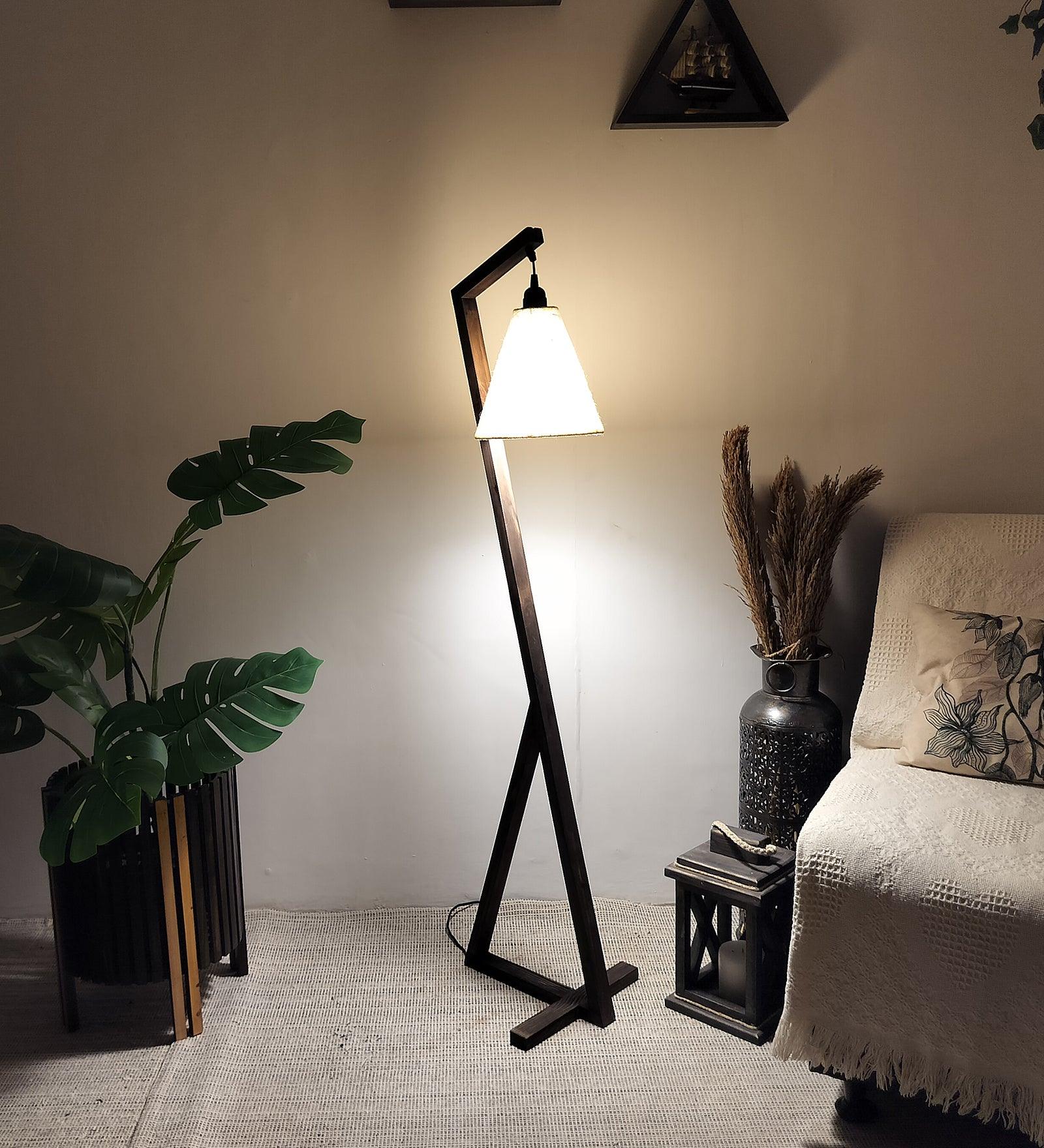 Zed Wooden Floor Lamp with Brown Base and Beige Fabric Lampshade - WoodenTwist