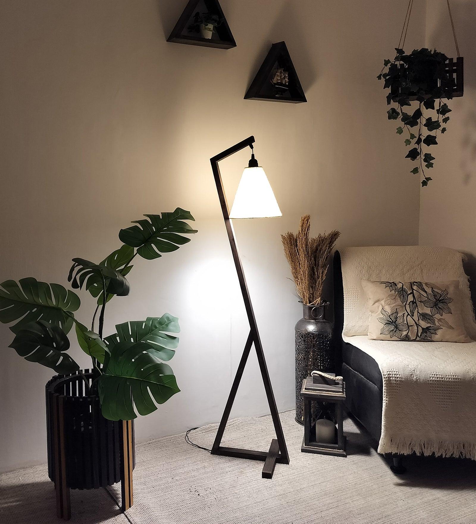 Zed Wooden Floor Lamp with Brown Base and Beige Fabric Lampshade - WoodenTwist