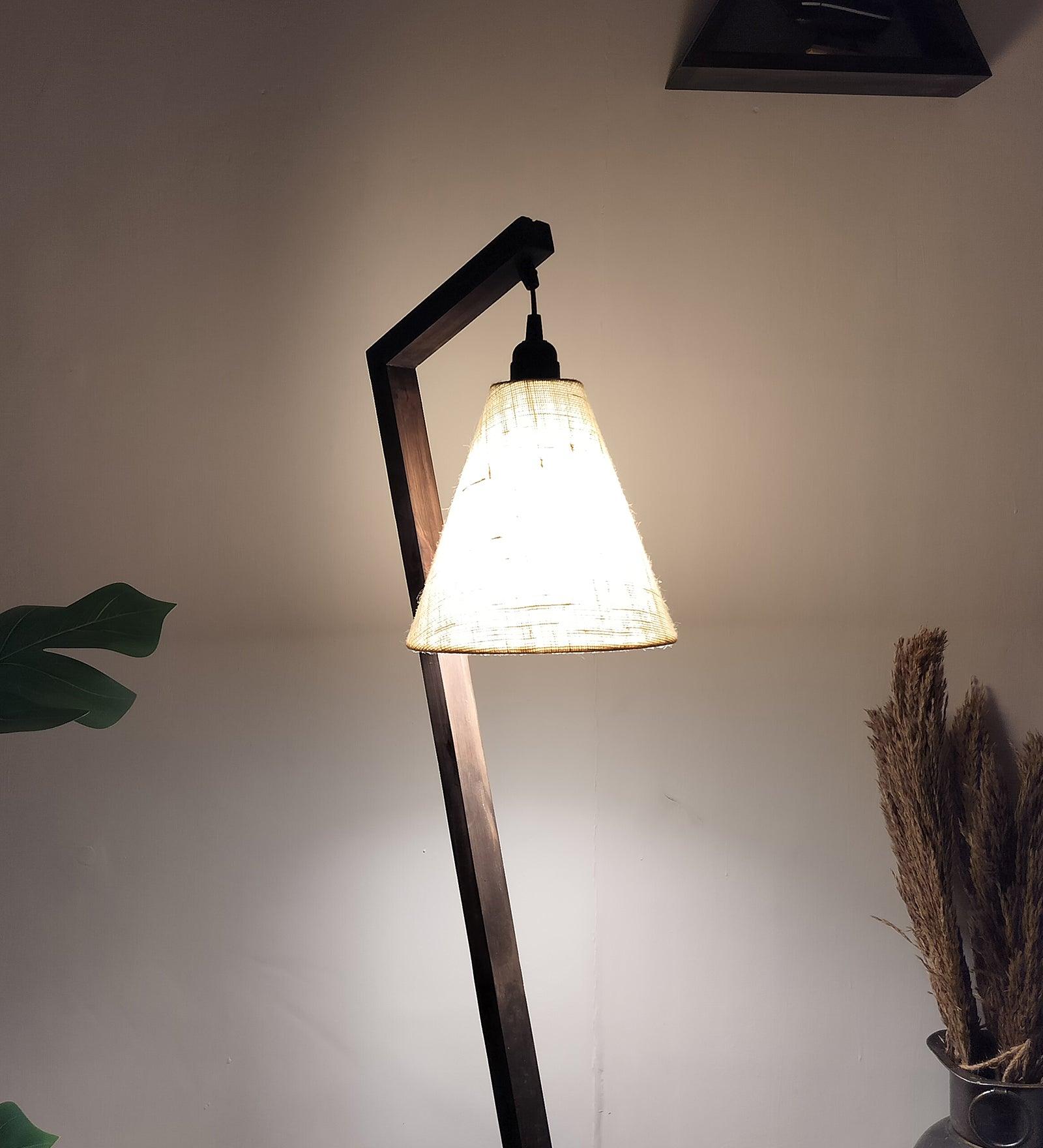 Zed Wooden Floor Lamp with Brown Base and Beige Fabric Lampshade - WoodenTwist