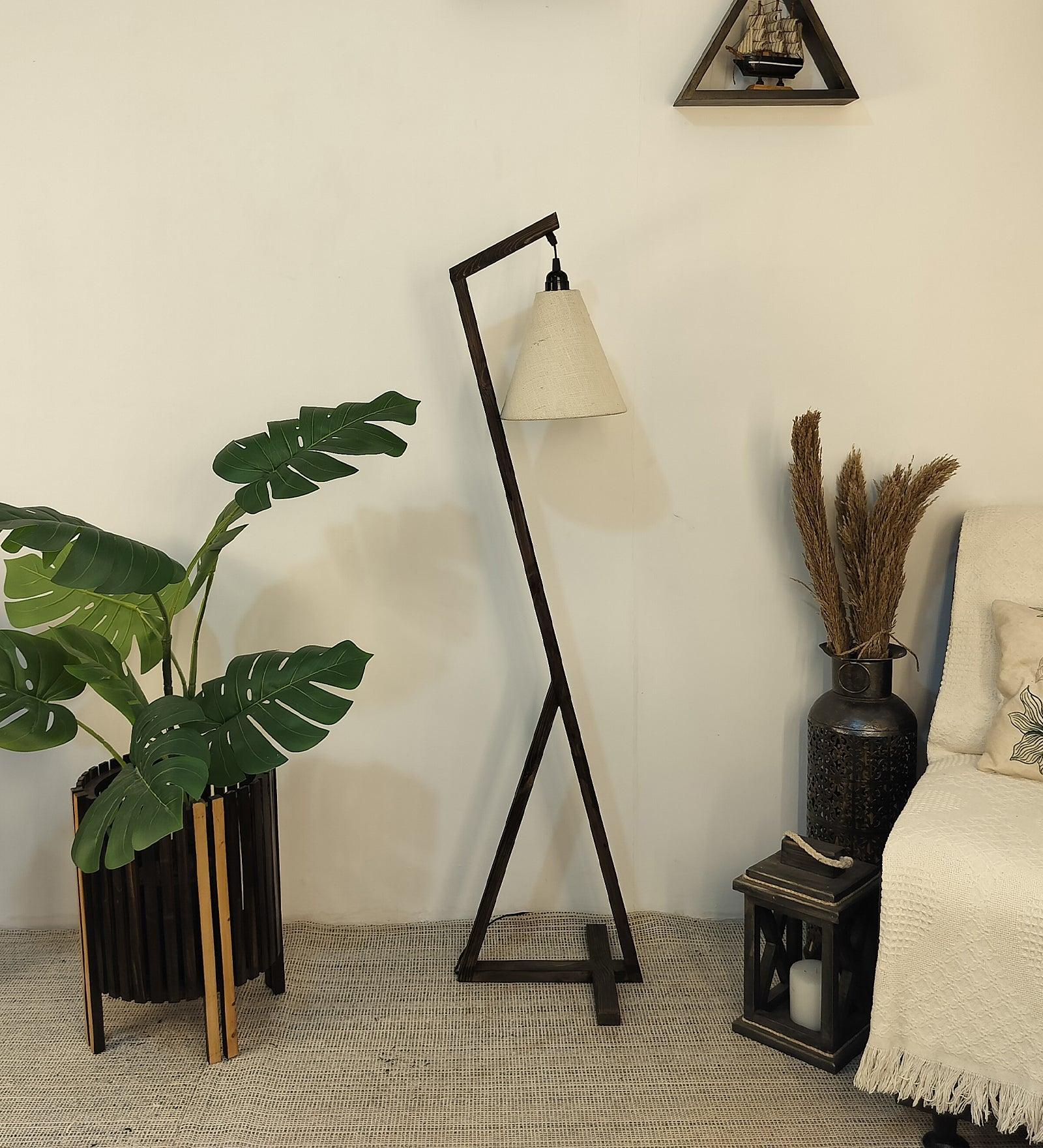 Zed Wooden Floor Lamp with Brown Base and Beige Fabric Lampshade - WoodenTwist