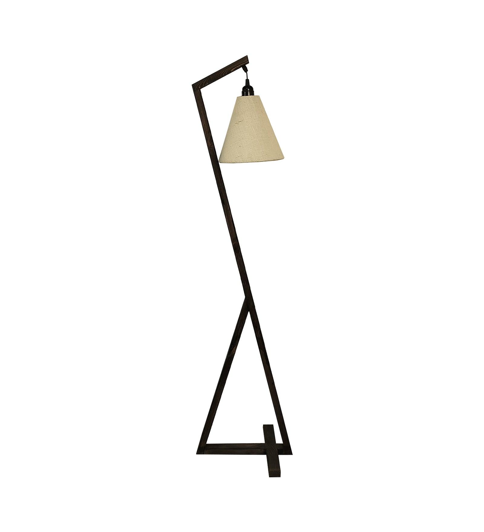 Zed Wooden Floor Lamp with Brown Base and Beige Fabric Lampshade - WoodenTwist