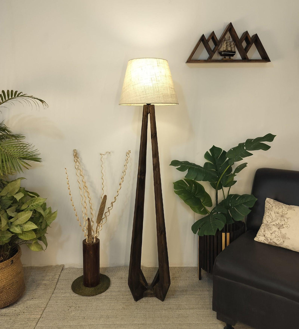 Zoe Wooden Floor Lamp with Brown Base and Jute Fabric Lampshade - WoodenTwist