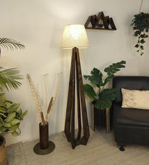 Zoe Wooden Floor Lamp with Brown Base and Jute Fabric Lampshade - WoodenTwist