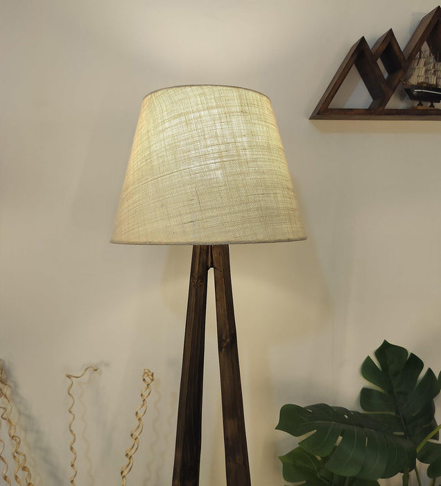 Zoe Wooden Floor Lamp with Brown Base and Jute Fabric Lampshade - WoodenTwist