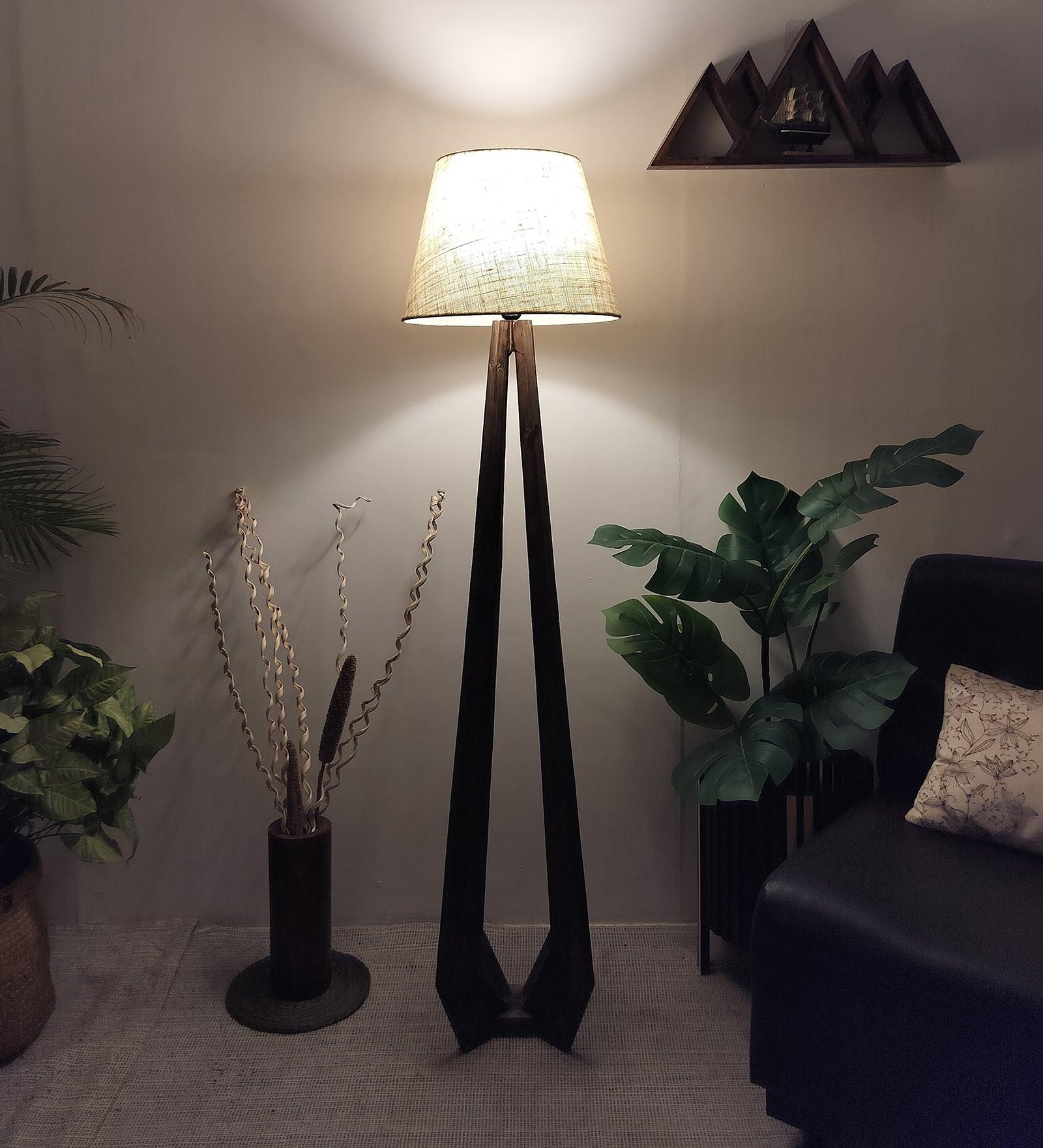 Zoe Wooden Floor Lamp with Brown Base and Jute Fabric Lampshade - WoodenTwist